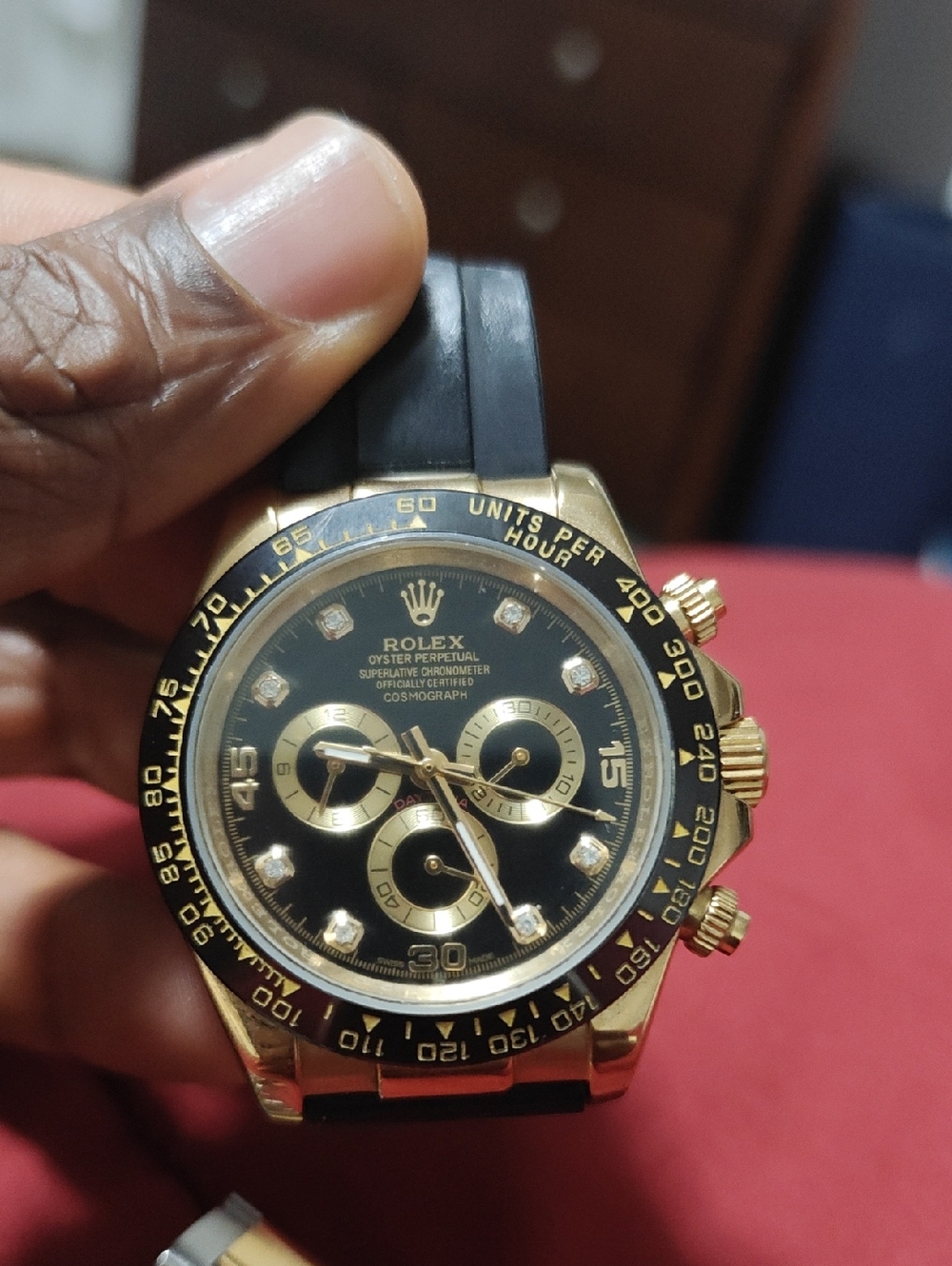 SwissRolex2tone Black and Gold Chronograph Watch with Diamond Markers